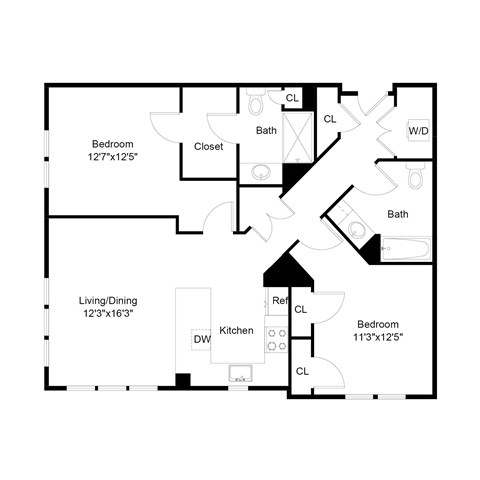 Floor plan for 2 beds, 2 baths, 1096 sqft