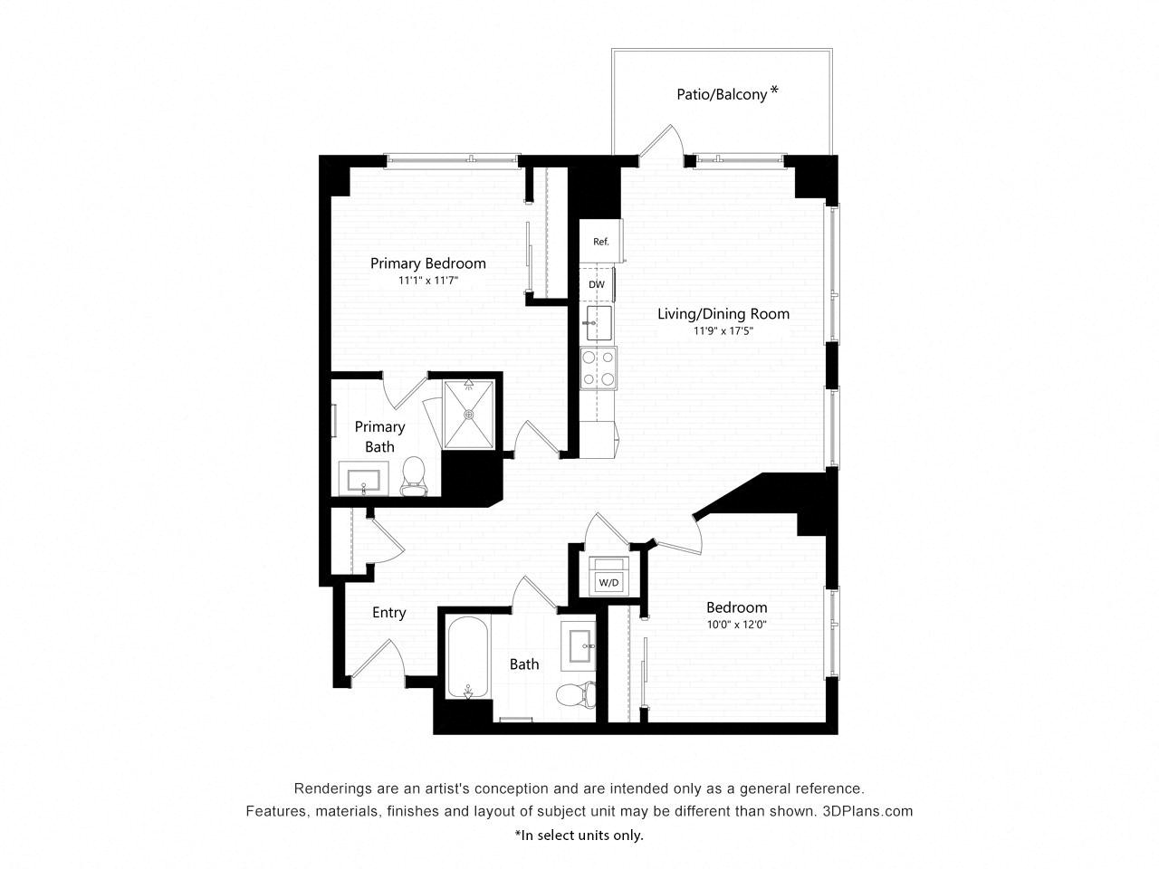 Floor plan for 2 beds, 2 baths, 962 sqft
