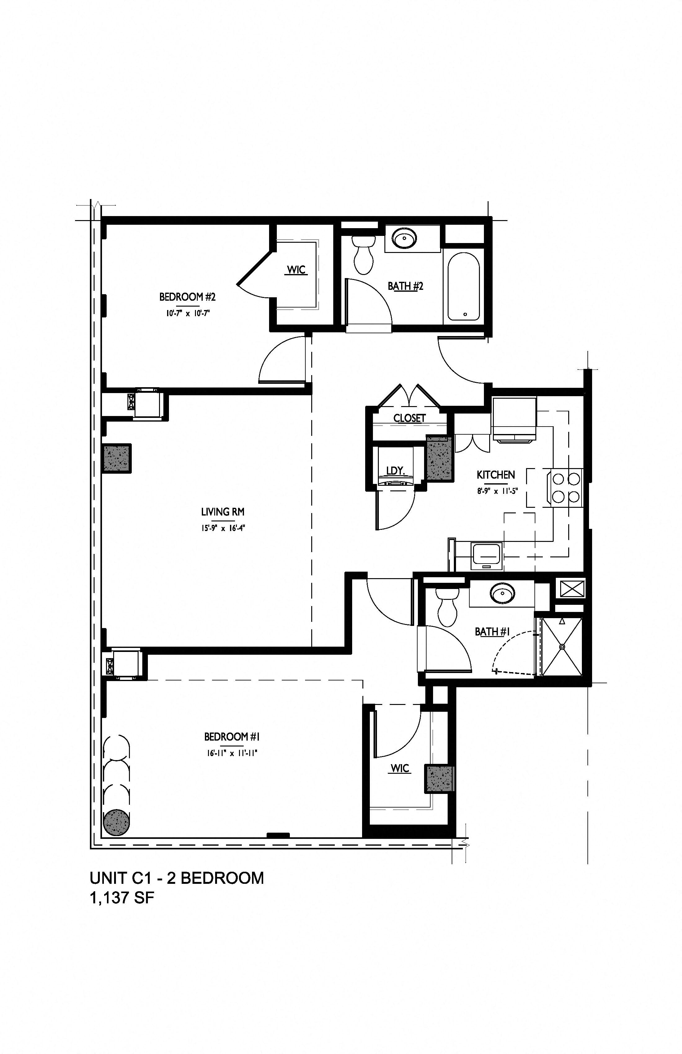 Floor plan for 2 beds, 2 baths, 1137 sqft