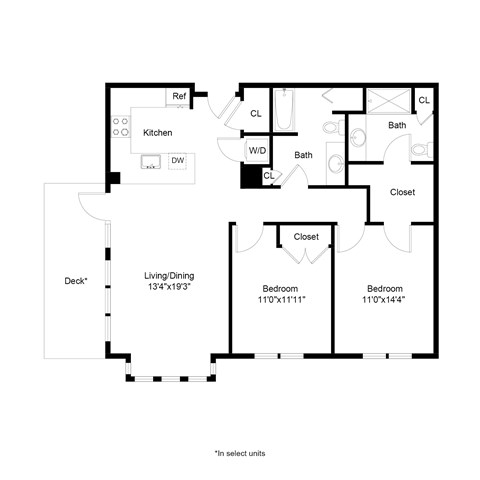 Floor plan for 2 beds, 2 baths, 1113 sqft