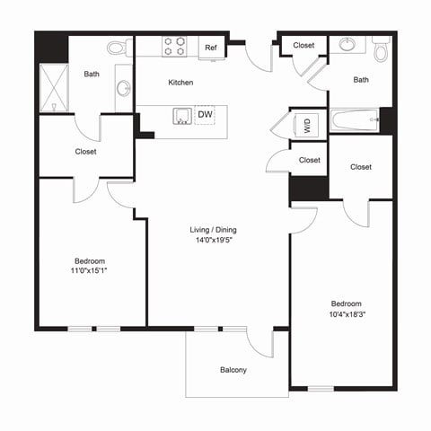 Floor plan for 2 beds, 2 baths, 1140 sqft