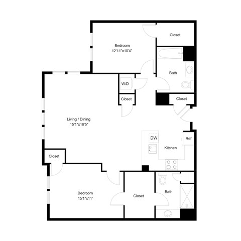 Floor plan for 2 beds, 2 baths, 1144 sqft