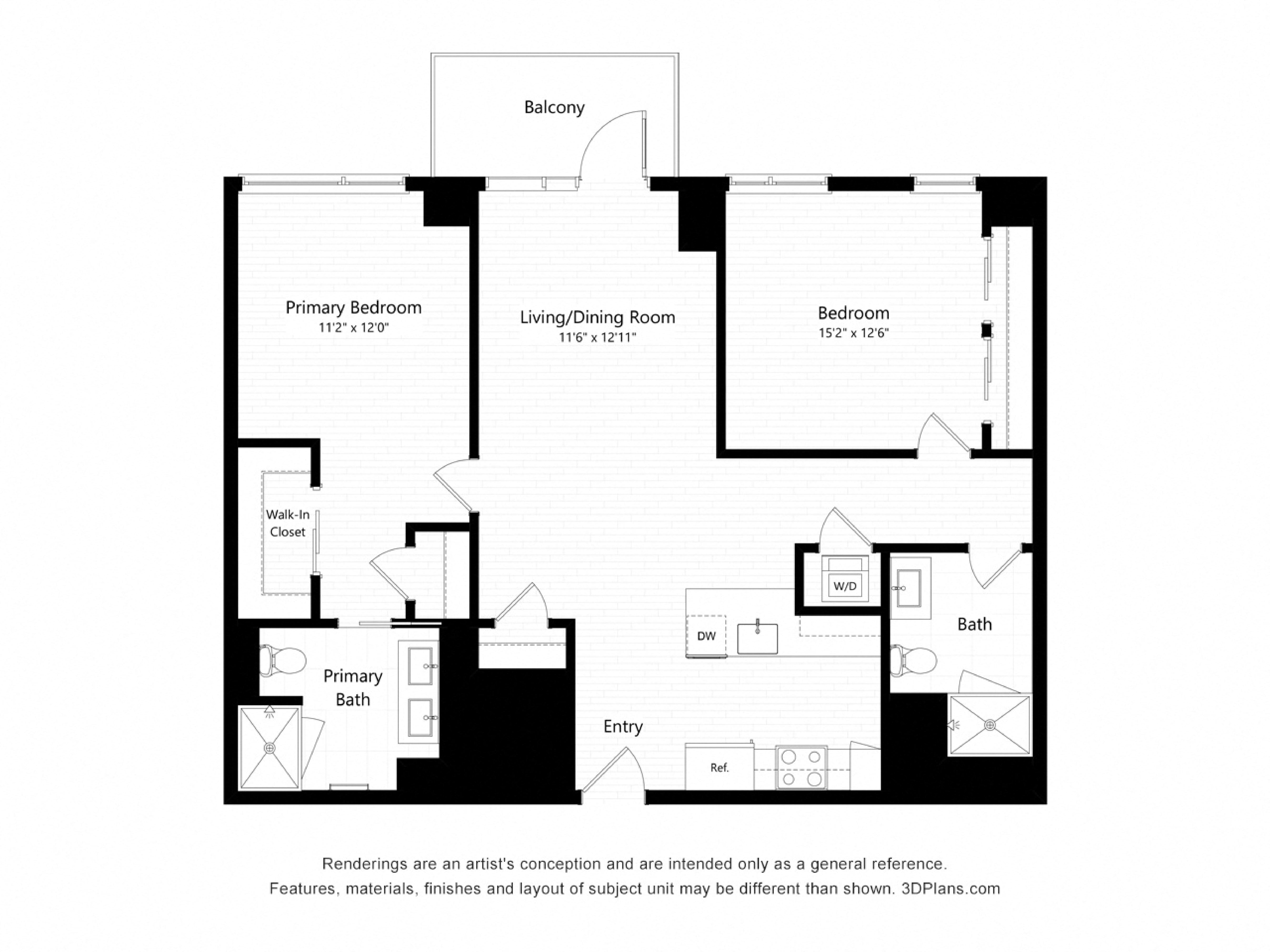 Floor plan for 2 beds, 2 baths, 1172 sqft