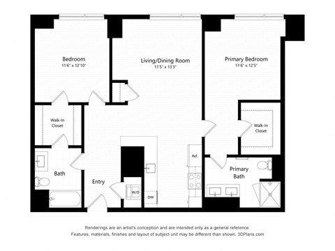 Floor plan for 2 beds, 2 baths, 1187 sqft
