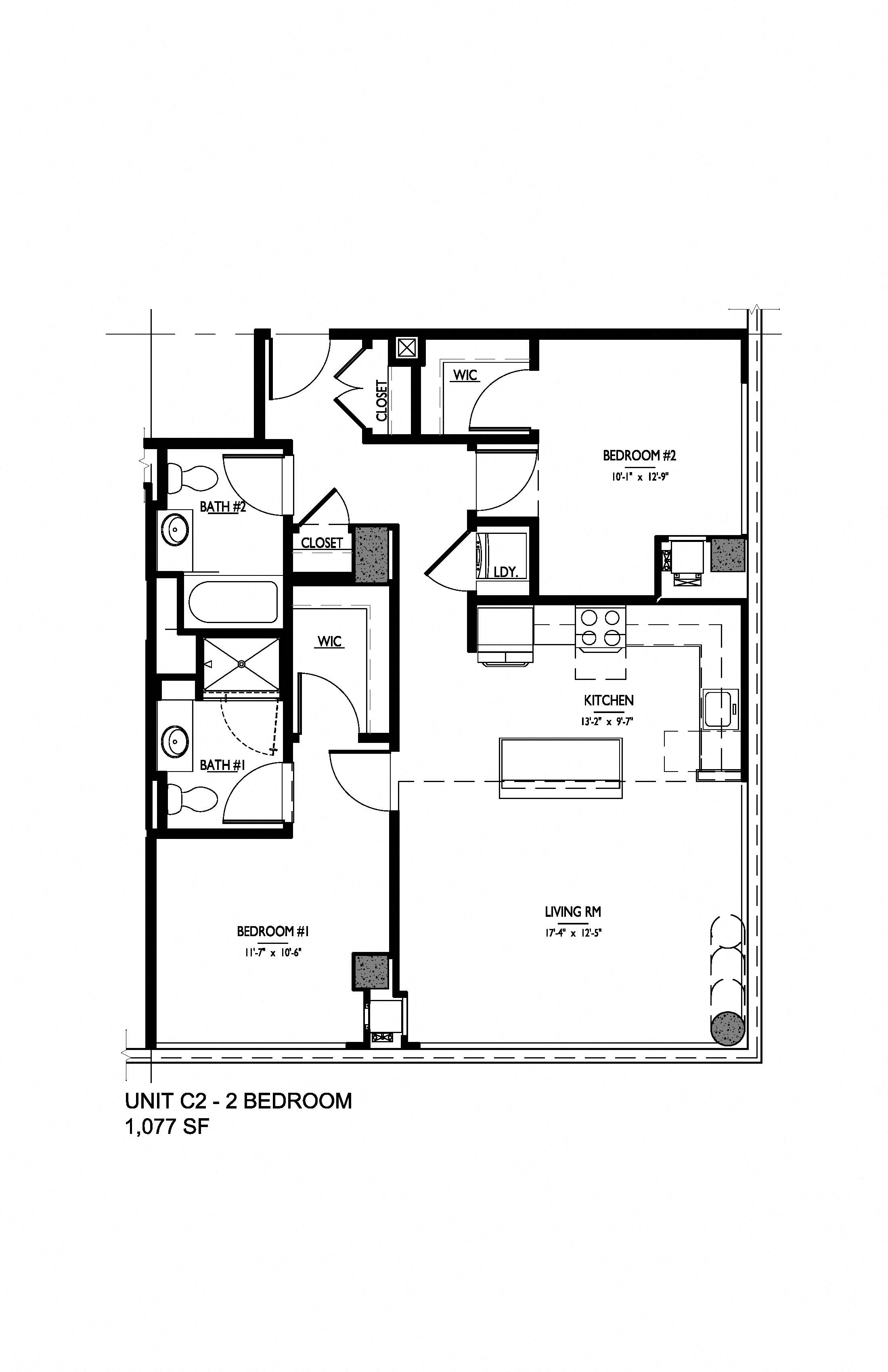 Floor plan for 2 beds, 2 baths, 1077 sqft