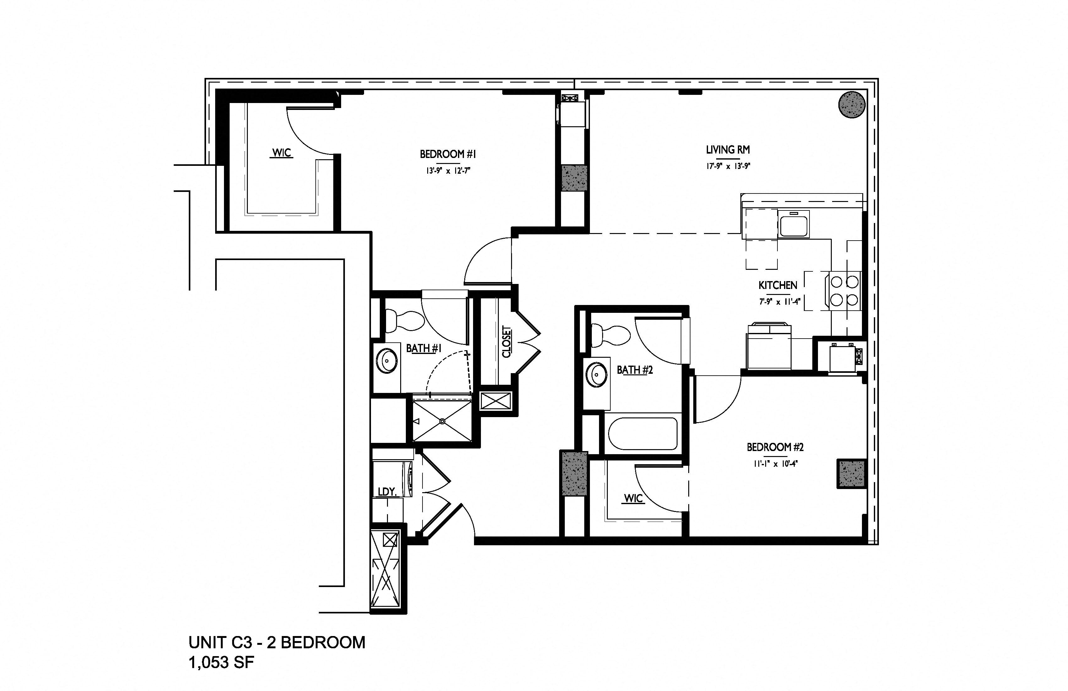 Floor plan for 2 beds, 2 baths, 1053 sqft