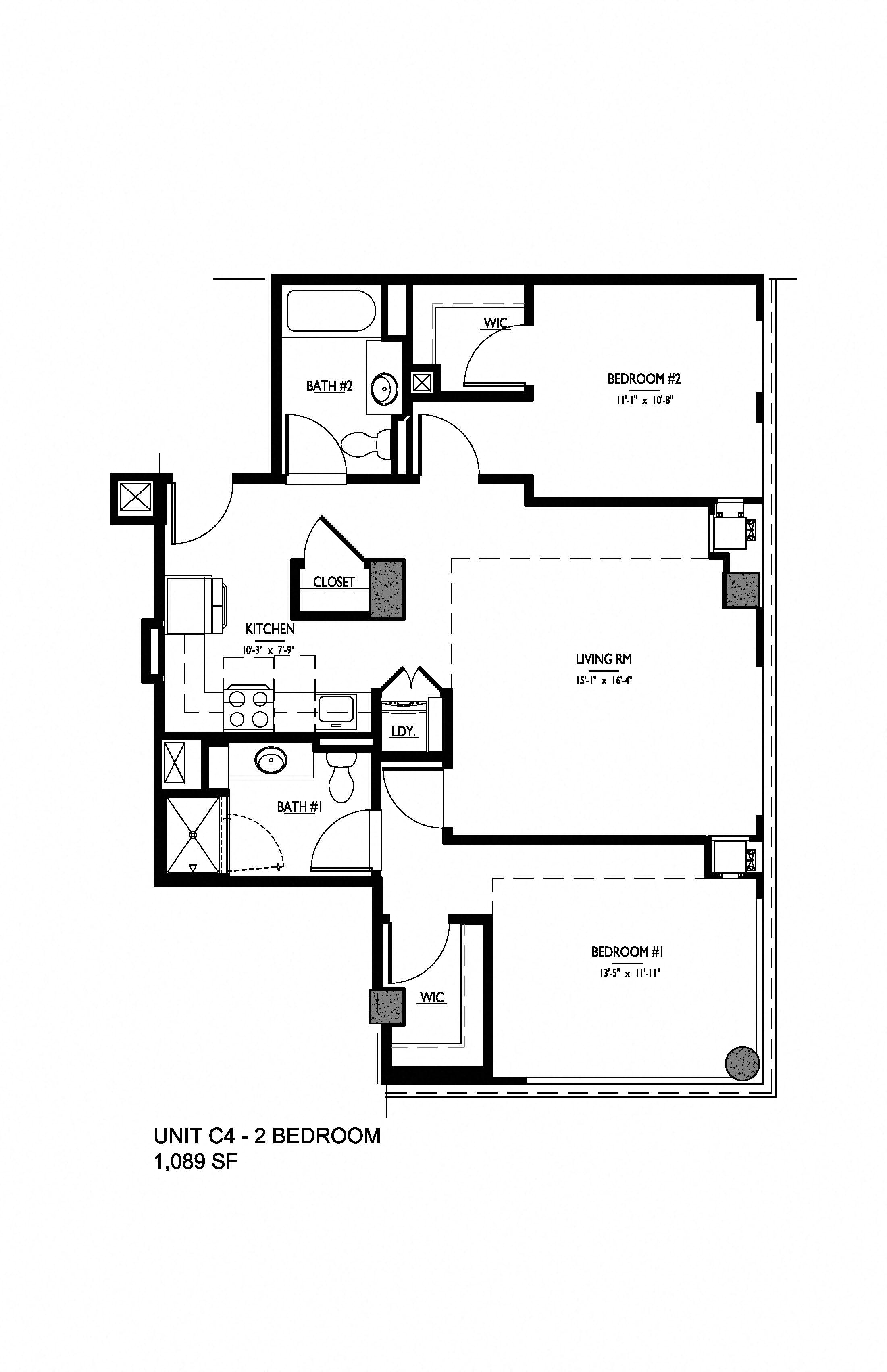 Floor plan for 2 beds, 2 baths, 1089 sqft