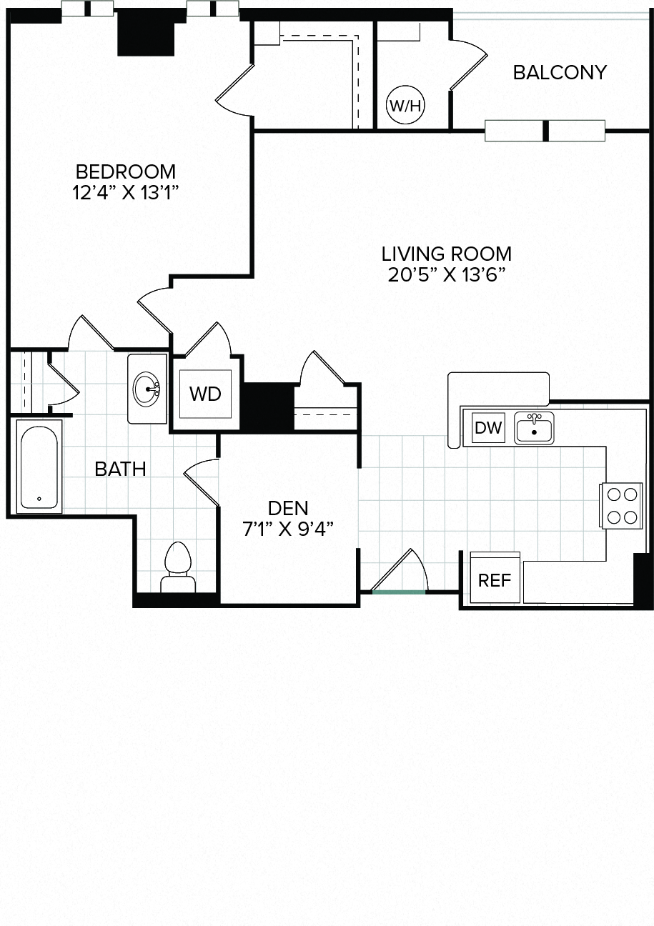 Floor plan for 1 bed, 1 bath, 969 sqft