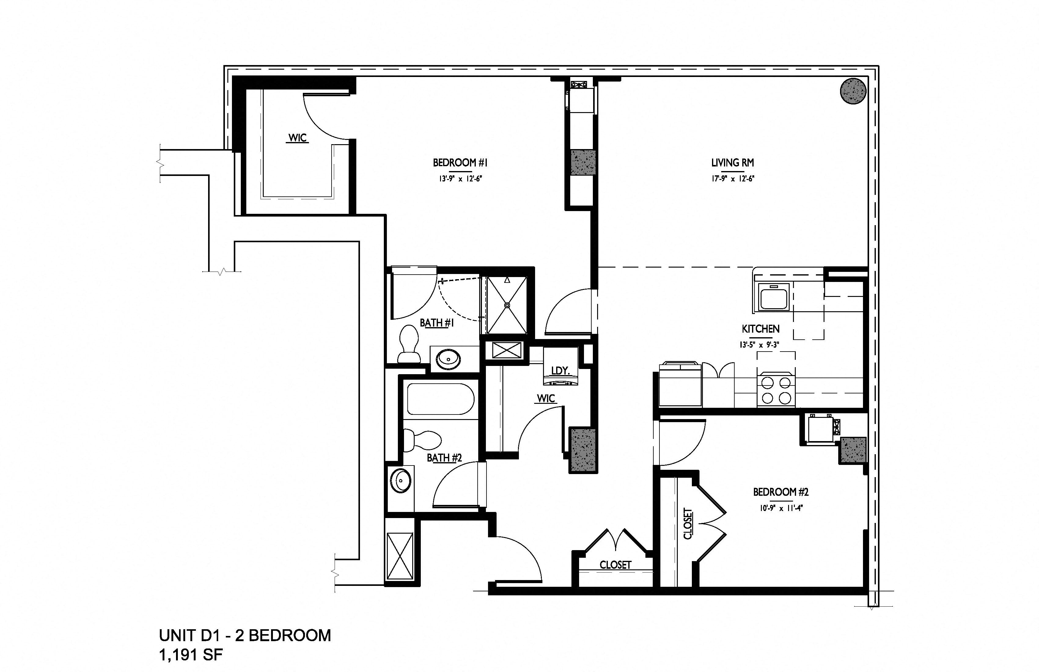 Floor plan for 2 beds, 2 baths, 1191 sqft