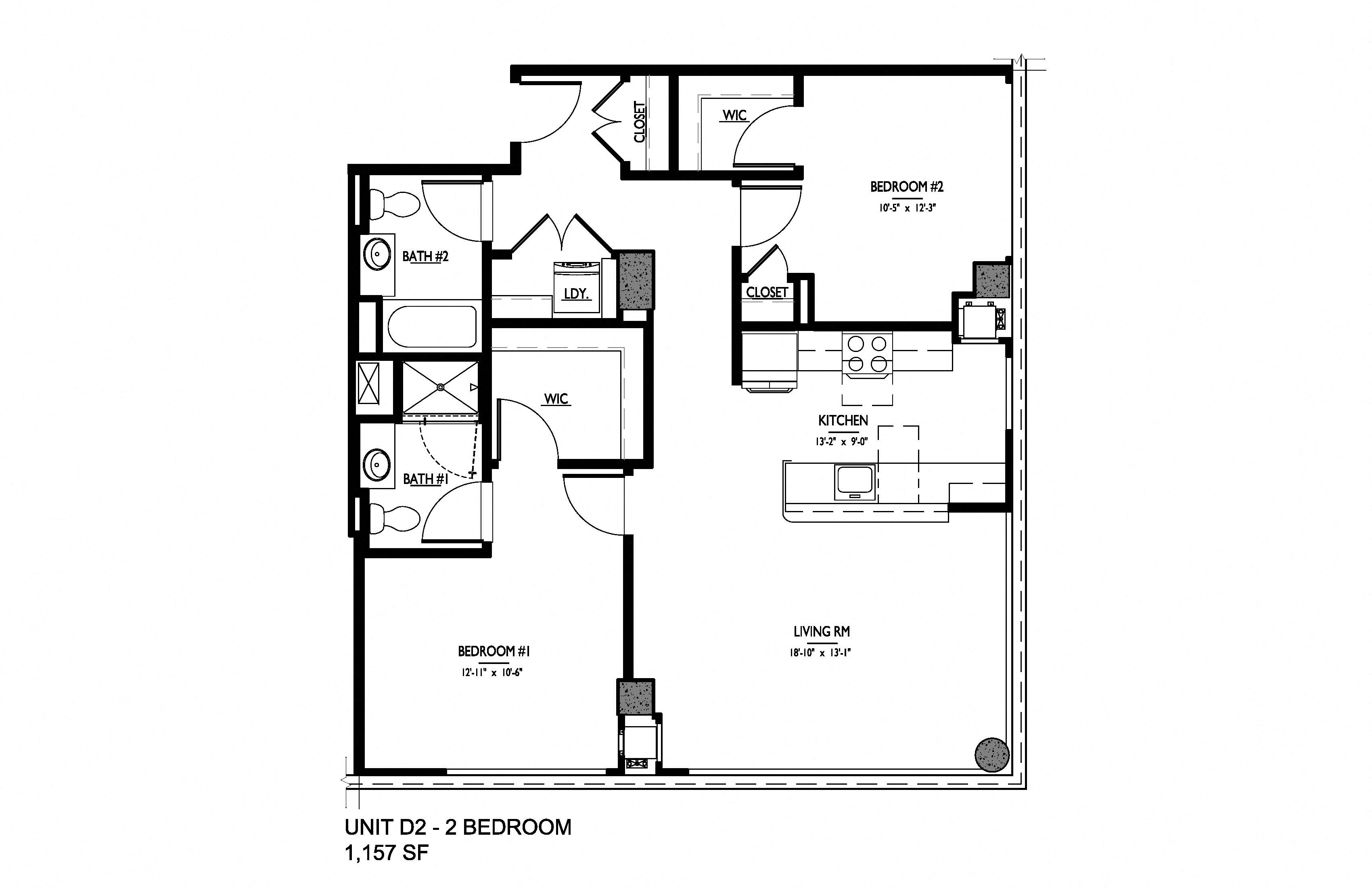 Floor plan for 2 beds, 2 baths, 1114 sqft