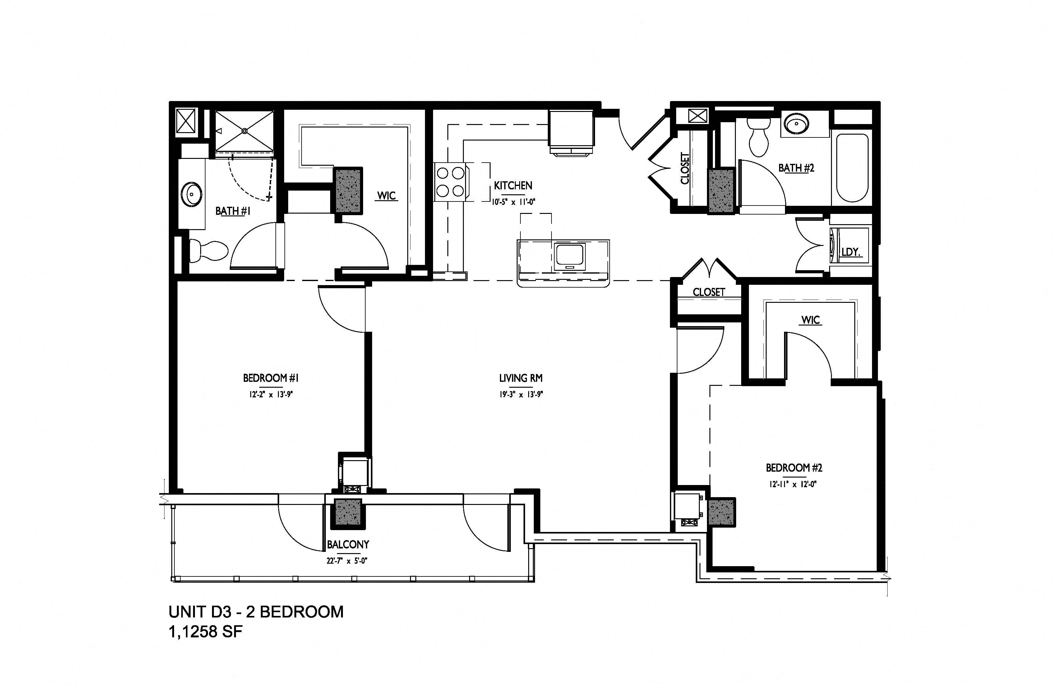 Floor plan for 2 beds, 2 baths, 1258 sqft