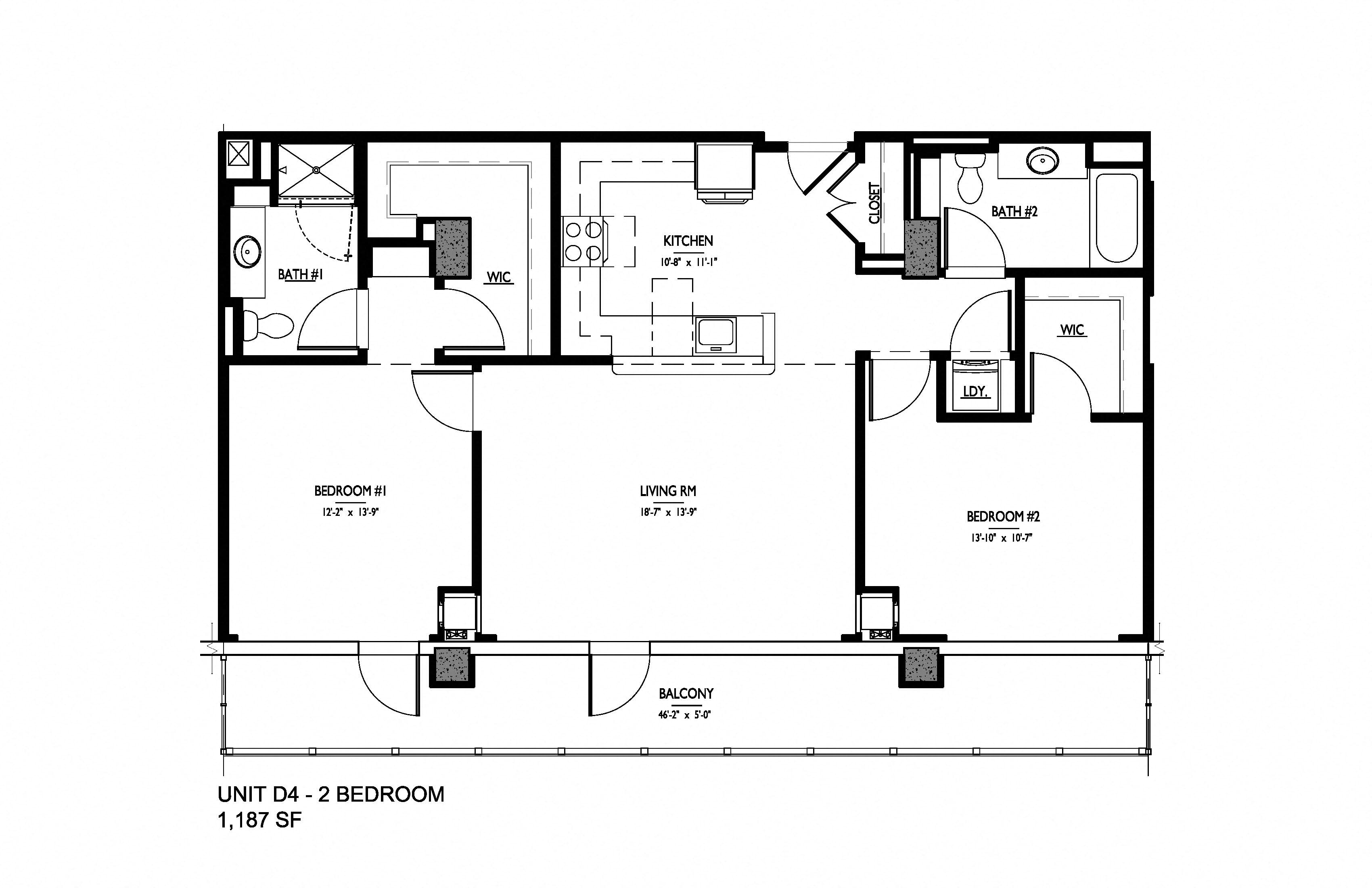 Floor plan for 2 beds, 2 baths, 1187 sqft