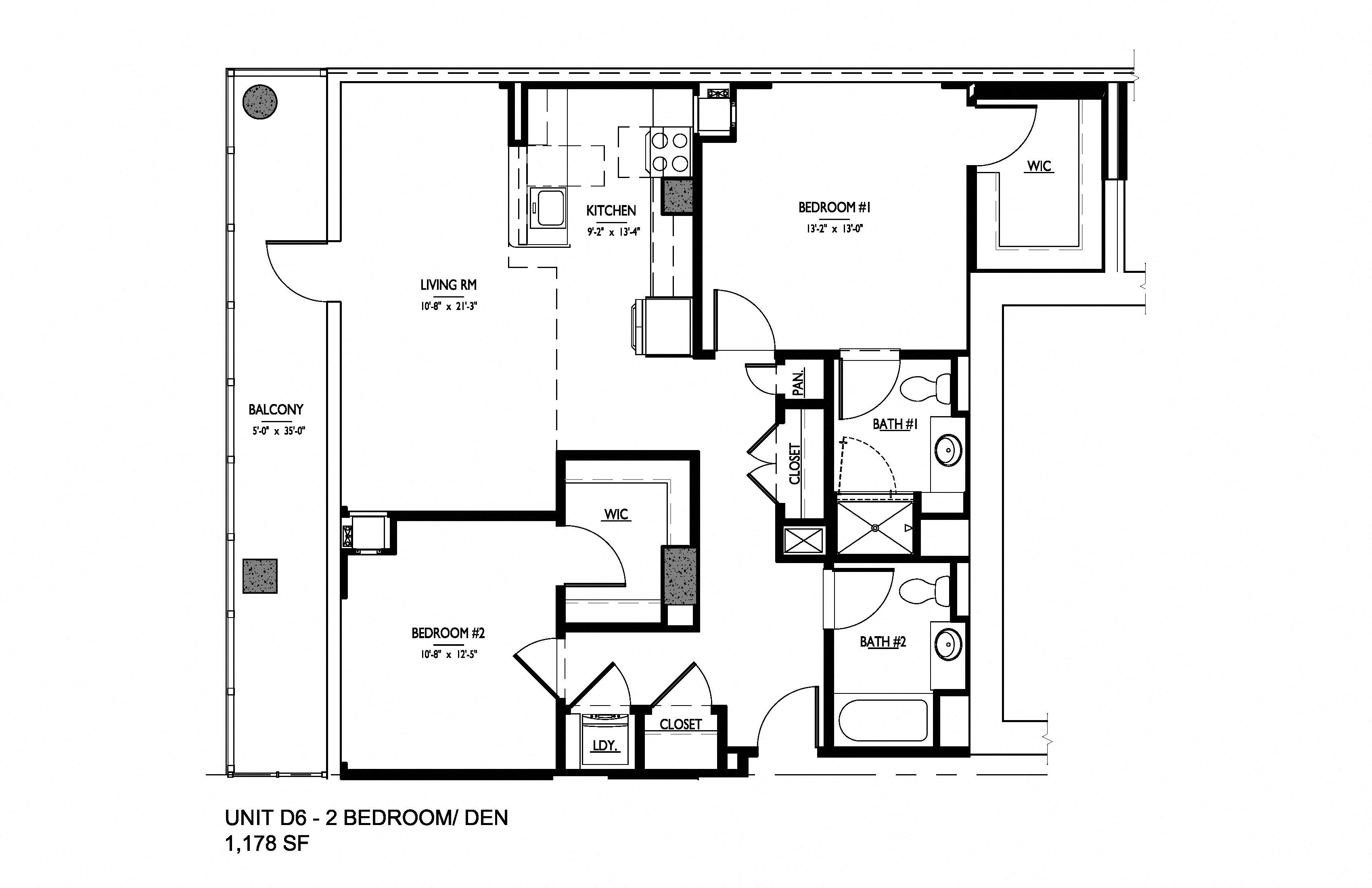 Floor plan for 2 beds, 2 baths, 1178 sqft