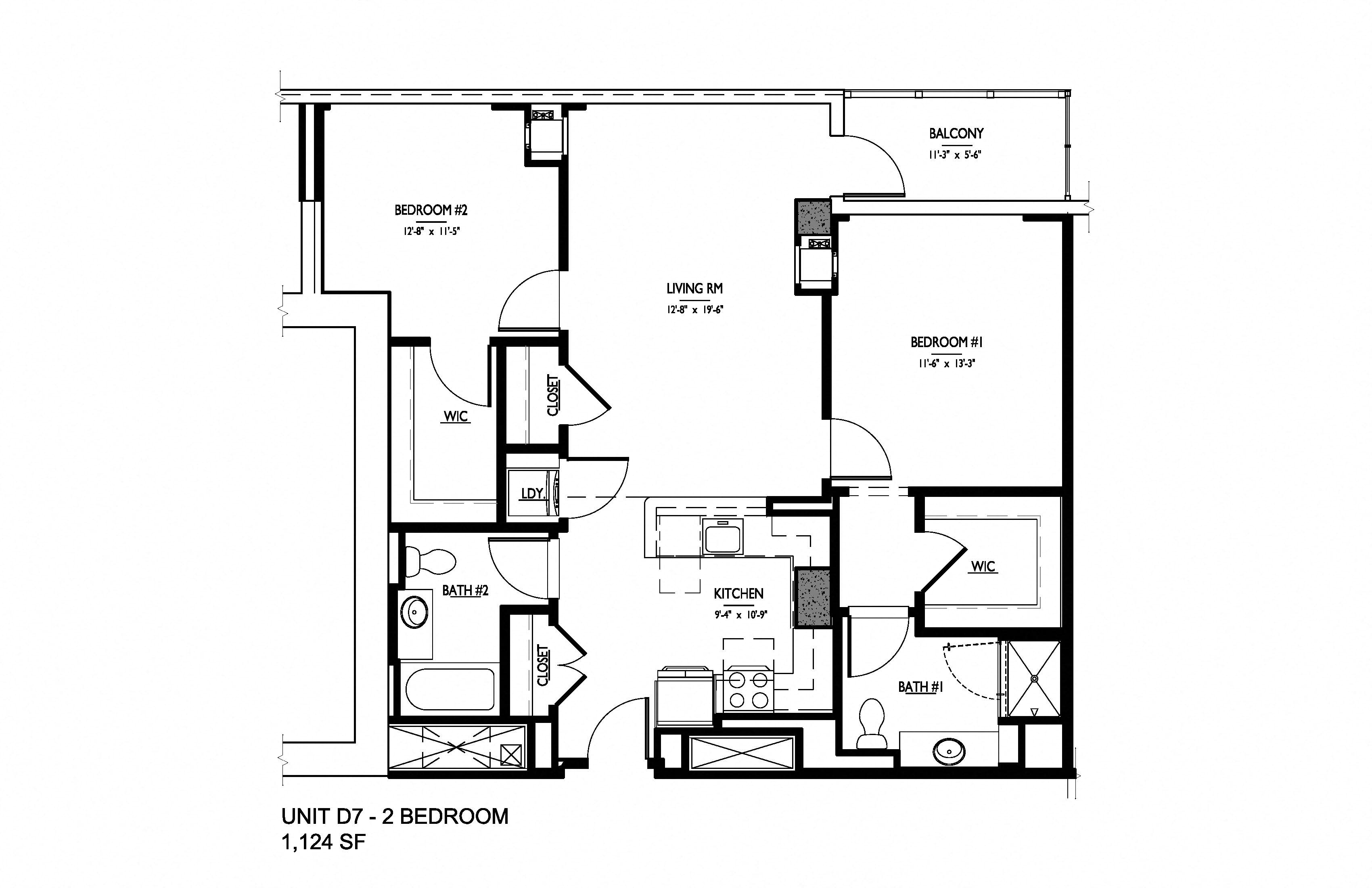 Floor plan for 2 beds, 2 baths, 1124 sqft