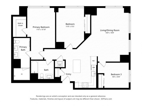 Floor plan for 3 beds, 2 baths, 1482 sqft