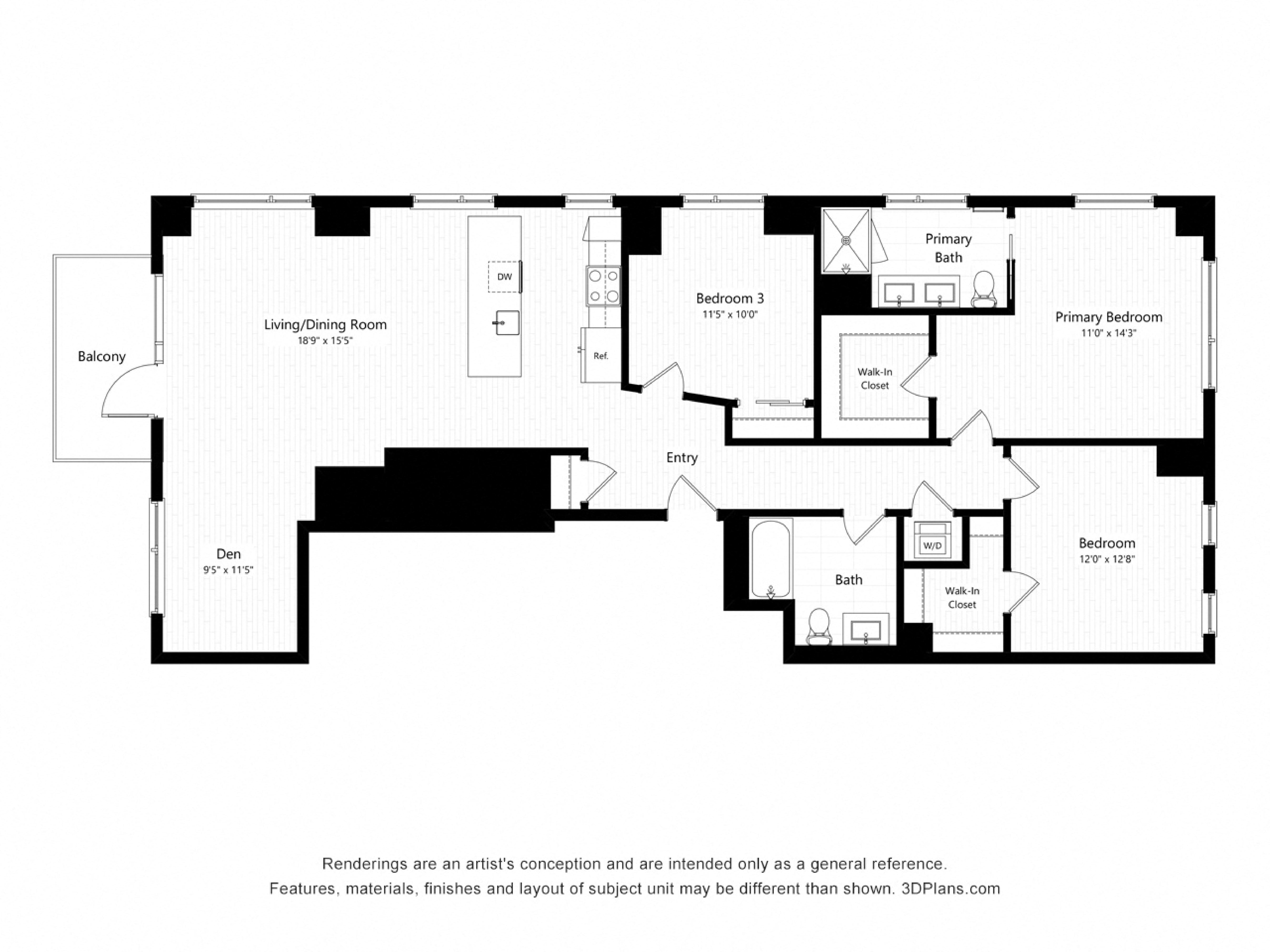 Floor plan for 3 beds, 2 baths, 1632 sqft