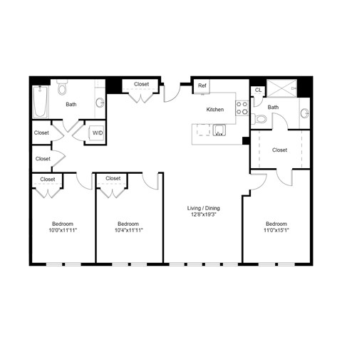 Floor plan for 3 beds, 2 baths, 1356 sqft