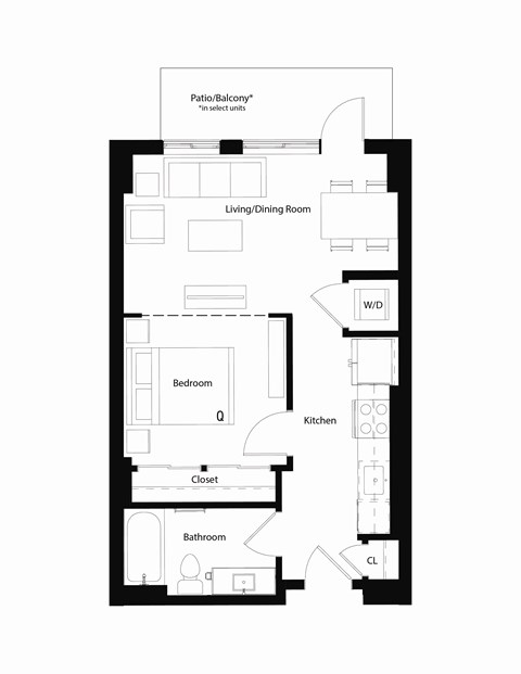 Floor plan for 1 bed, 1 bath, 577 sqft