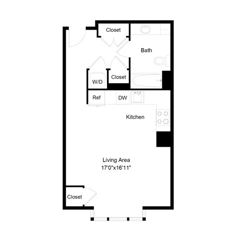 Floor plan for studio, 1 bath, 538 sqft