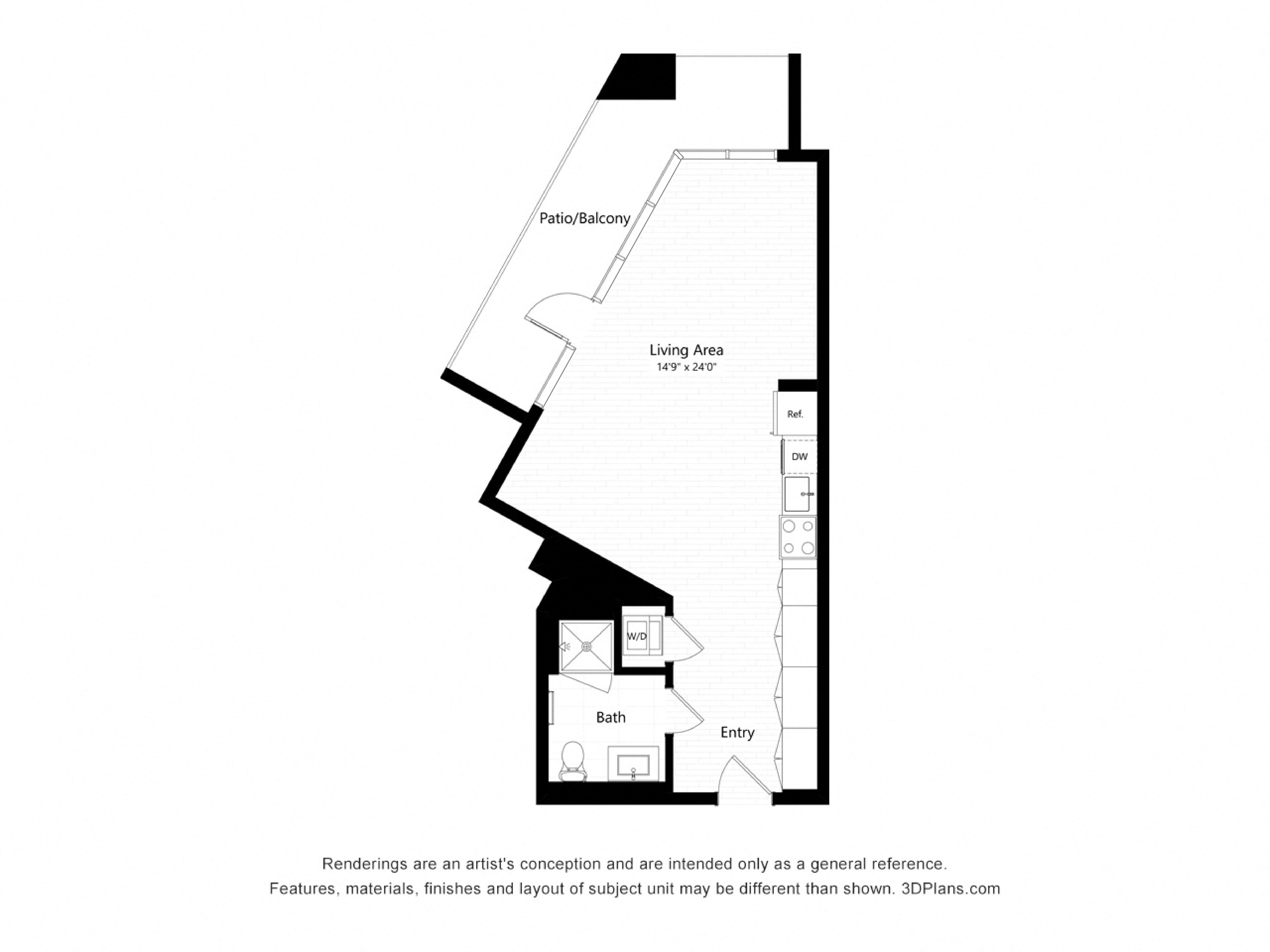 Floor plan for studio, 1 bath, 551 sqft