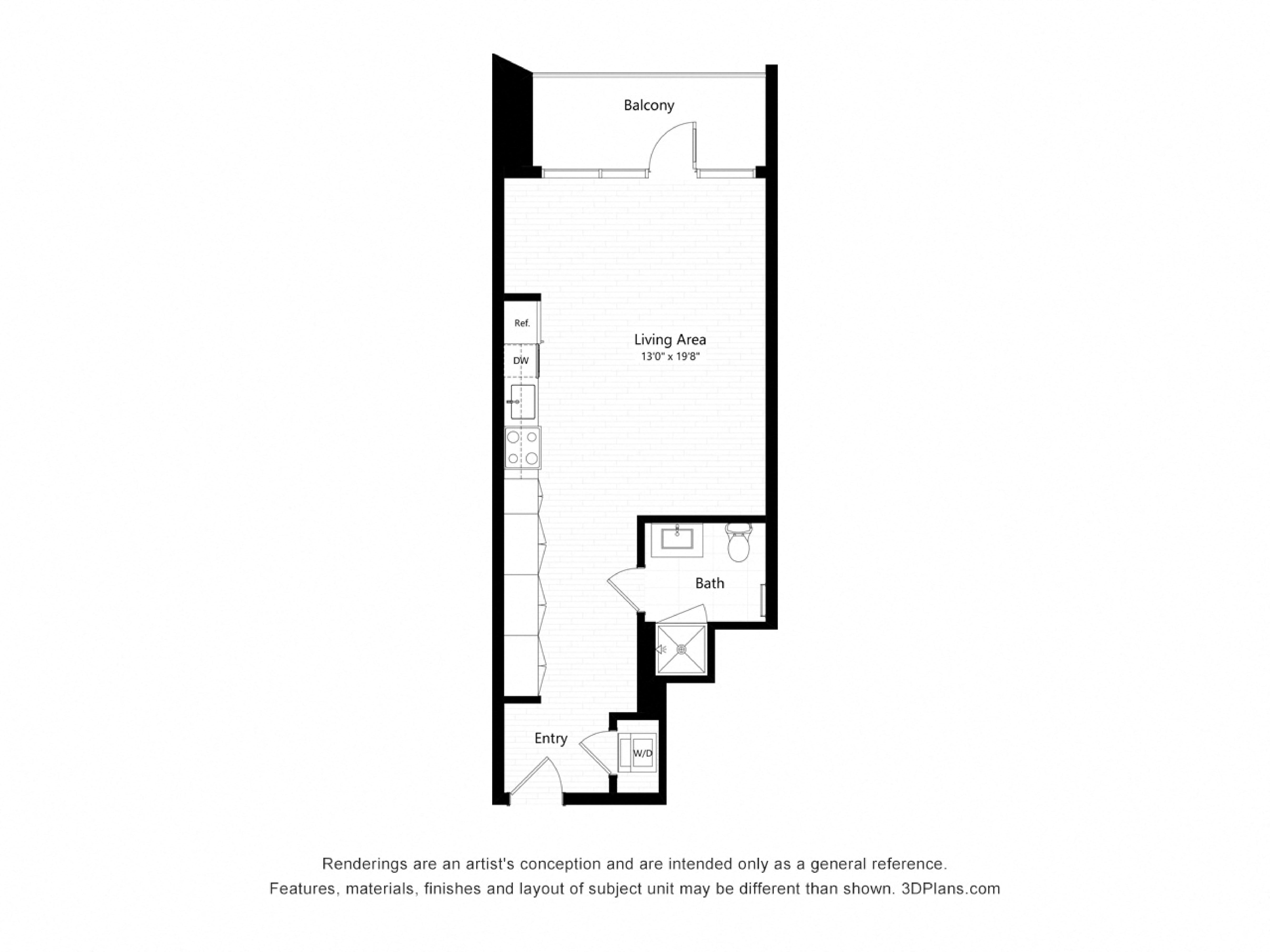 Floor plan for studio, 1 bath, 595 sqft