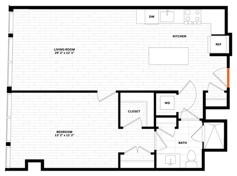 Floor plan for 1 bed, 1 bath, 792 sqft
