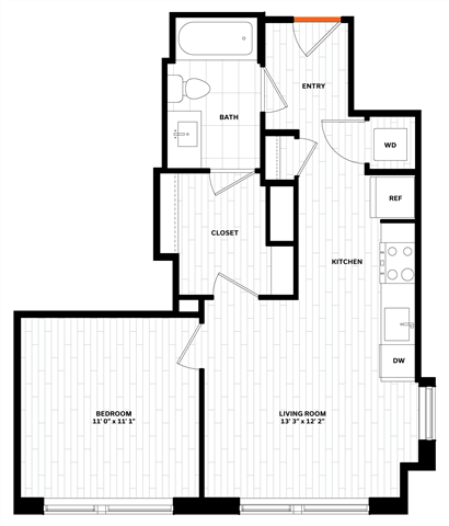 Floor plan for 1 bed, 1 bath, 593 sqft