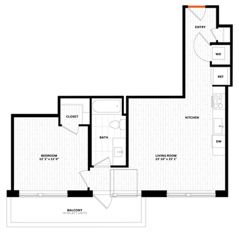 Floor plan for 1 bed, 1 bath, 662 sqft