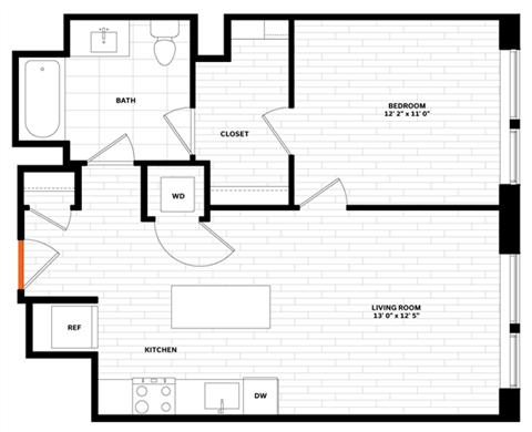 Floor plan for 1 bed, 1 bath, 698 sqft