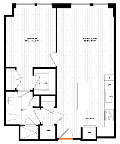 Floor plan for 1 bed, 1 bath, 708 sqft