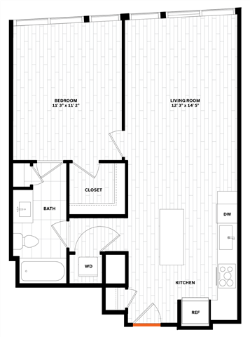 Floor plan for 1 bed, 1 bath, 736 sqft