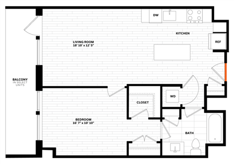 Floor plan for 1 bed, 1 bath, 736 sqft