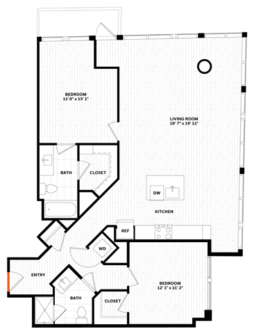 Floor plan for 2 beds, 2 baths, 1295 sqft