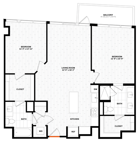 Floor plan for 2 beds, 2 baths, 1127 sqft