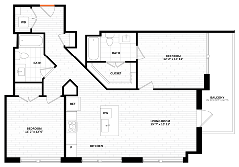 Floor plan for 2 beds, 2 baths, 1171 sqft