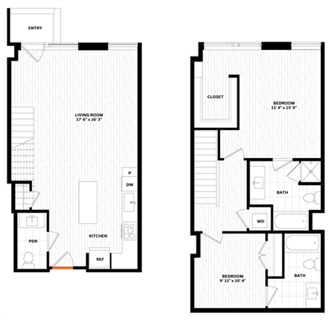 Floor plan for 2 beds, 2.5 baths, 1198 sqft