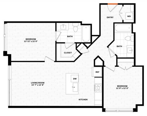 Floor plan for 2 beds, 2 baths, 1036 sqft