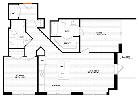 Floor plan for 2 beds, 2 baths, 1049 sqft