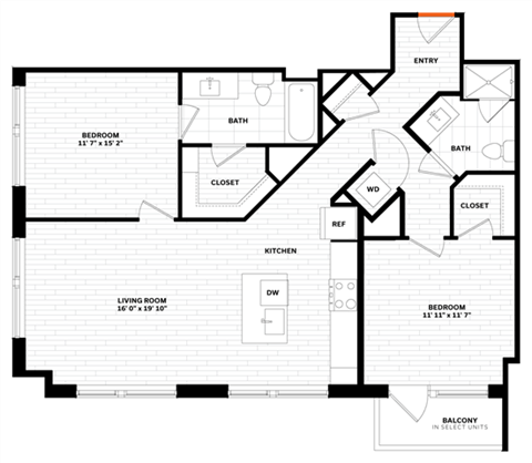 Floor plan for 2 beds, 2 baths, 1243 sqft