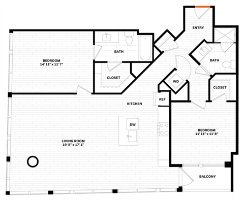 Floor plan for 2 beds, 2 baths, 1293 sqft