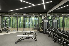 Washington apartment for rent - a view of the fitness center with exercise equipment and glass walls
