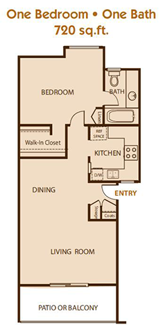 Floor plan for 1 bed, 1 bath, 720 sqft