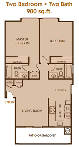 Floor plan for 2 beds, 2 baths, 900 sqft