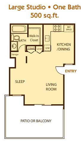 Floor plan for studio, 1 bath, 500 sqft