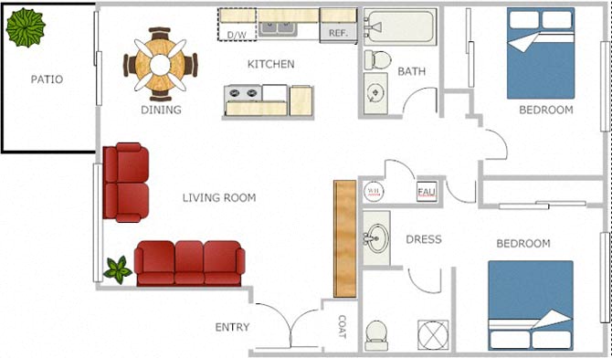 Floor plan for 2 beds, 2 baths, 950 sqft