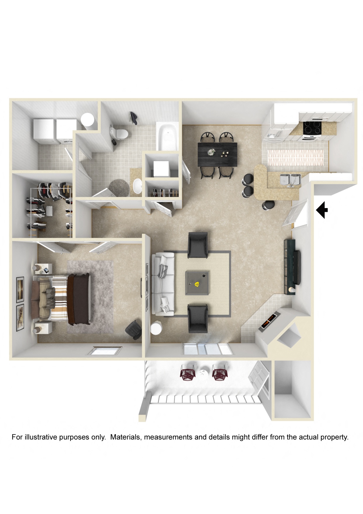 Floor plan for 1 bed, 1 bath, 776 sqft