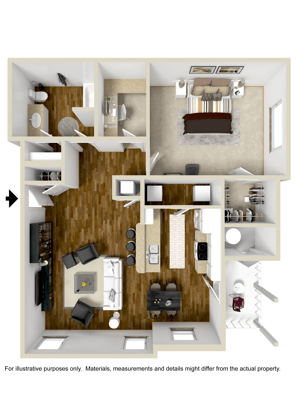 Floor plan for 1 bed, 1 bath, 853 sqft