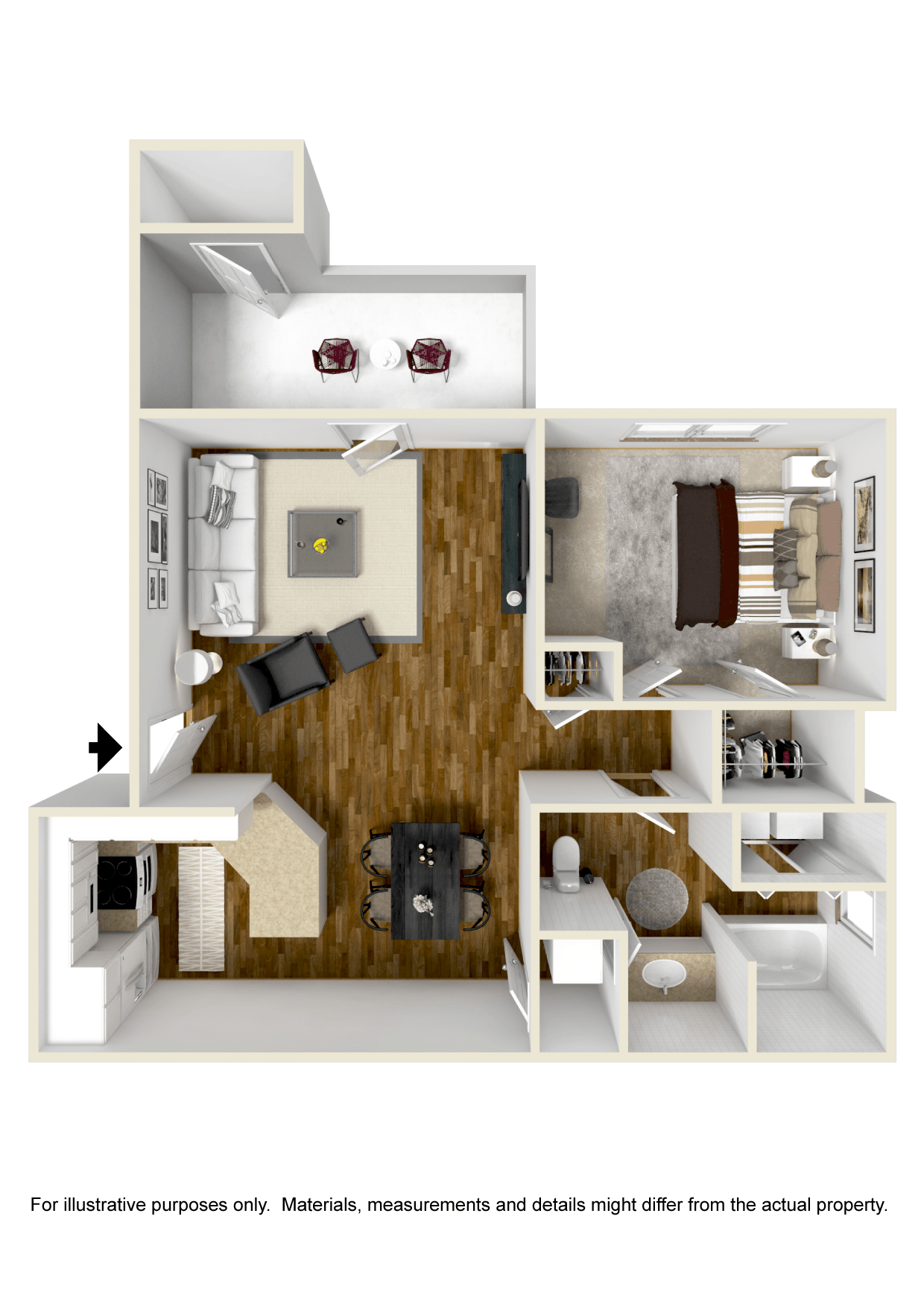 Floor plan for 1 bed, 1 bath, 826 sqft