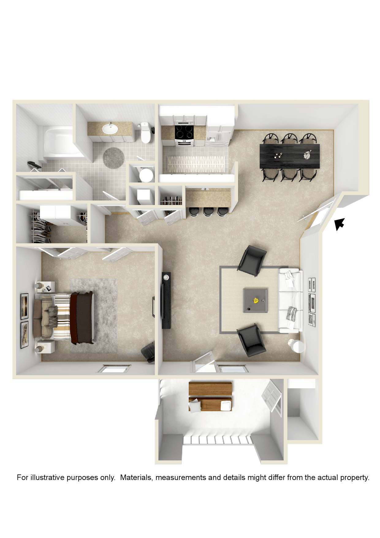 Floor plan for 1 bed, 1 bath, 900 sqft