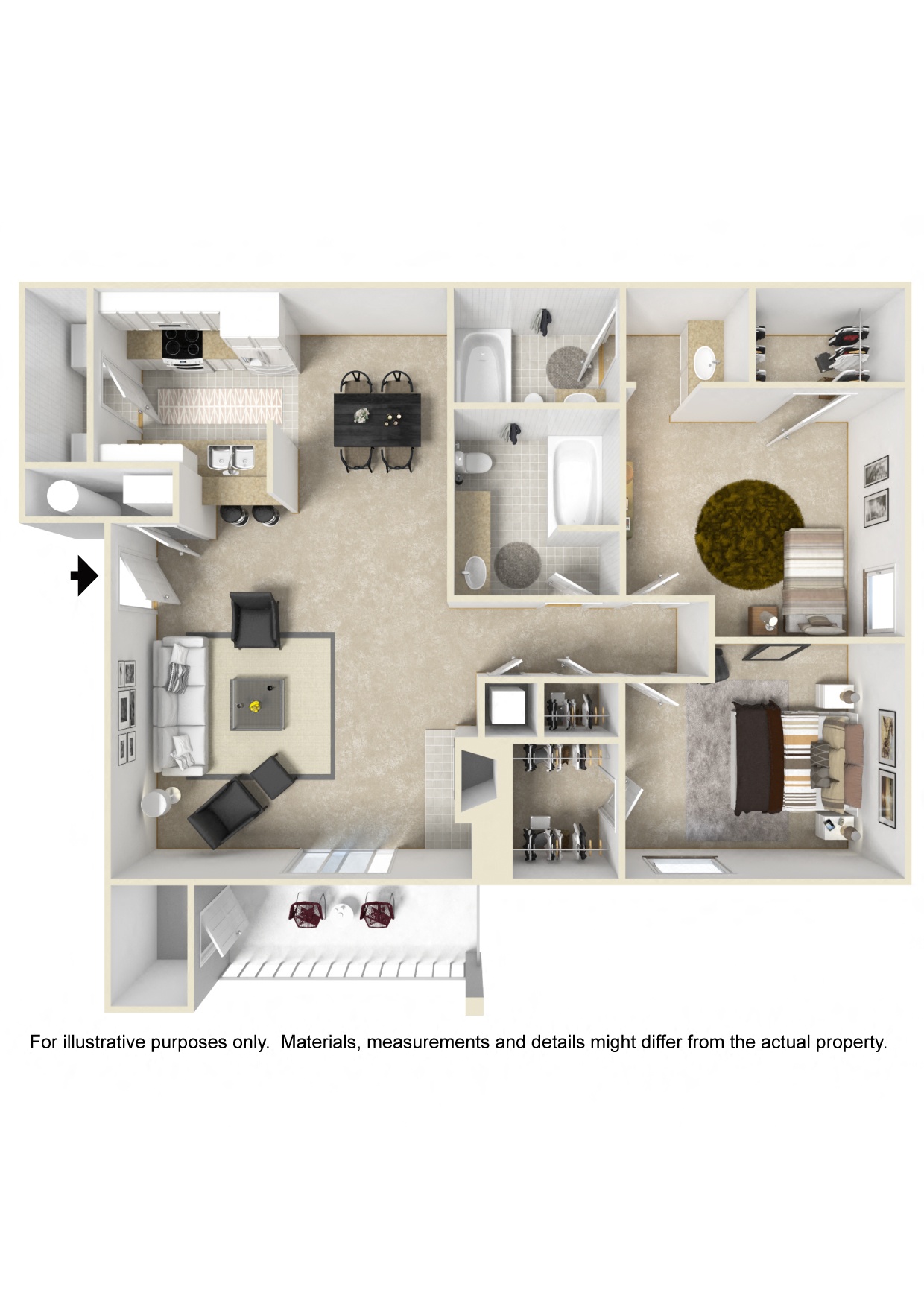 Floor plan for 2 beds, 2 baths, 987 sqft